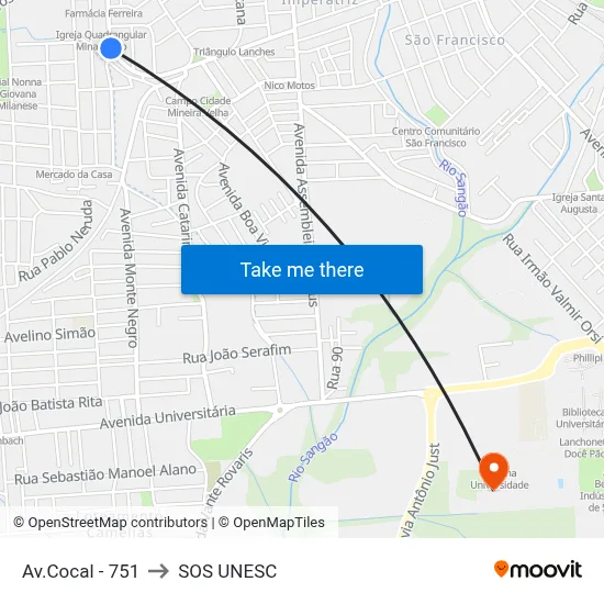 Av.Cocal - 751 to SOS UNESC map