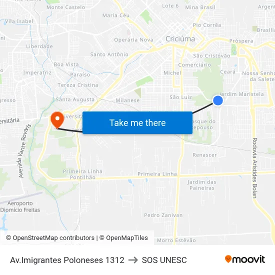 Av.Imigrantes Poloneses 1312 to SOS UNESC map