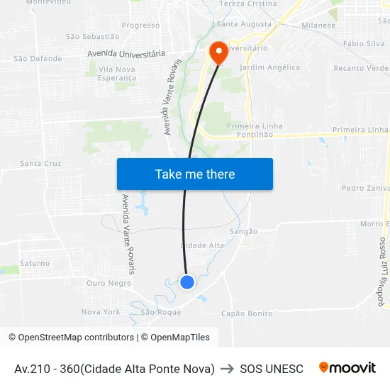 Av.210 - 360(Cidade Alta Ponte Nova) to SOS UNESC map