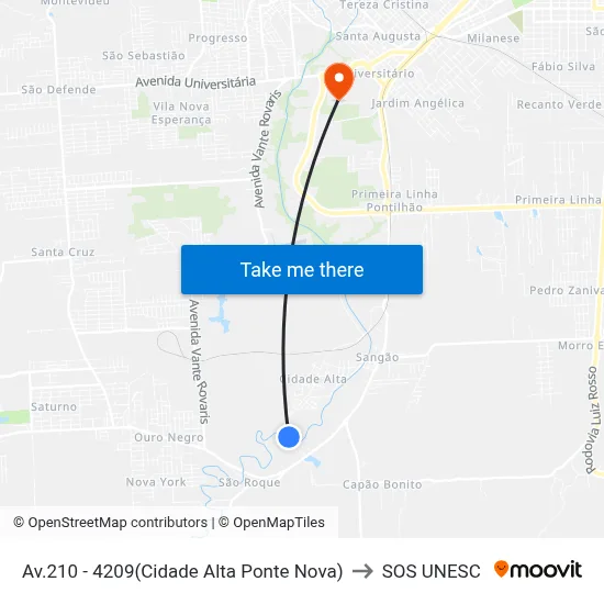 Av.210 - 4209(Cidade Alta Ponte Nova) to SOS UNESC map
