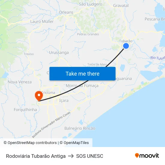 Rodoviária Tubarão Antiga to SOS UNESC map