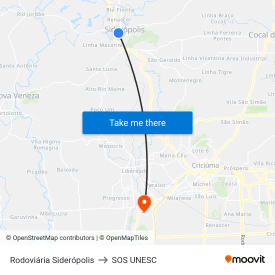 Rodoviária Siderópolis to SOS UNESC map
