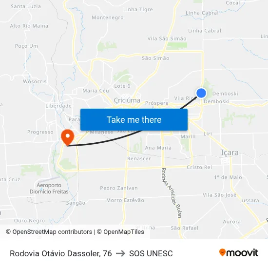 Rodovia Otávio Dassoler, 76 to SOS UNESC map