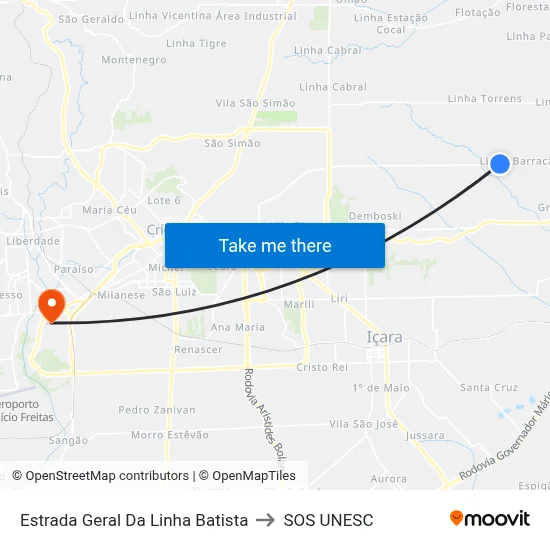 Estrada Geral Da Linha Batista to SOS UNESC map