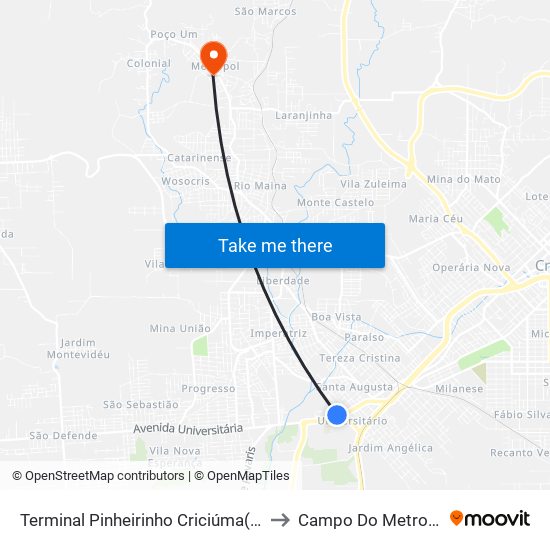 Terminal Pinheirinho Criciúma(Tpi) to Campo Do Metropol map