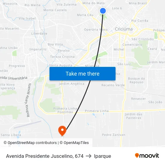 Avenida Presidente Juscelino, 674 to Iparque map