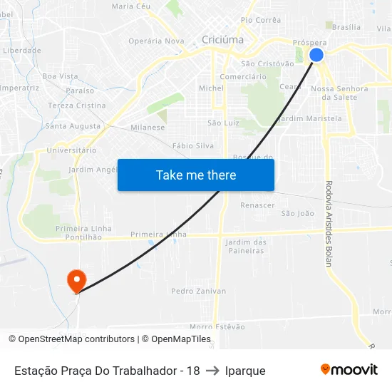 Estação Praça Do Trabalhador - 18 to Iparque map
