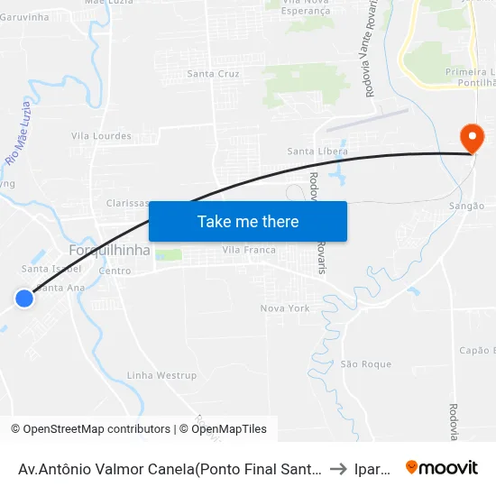 Av.Antônio Valmor Canela(Ponto Final Santa Isabel) to Iparque map