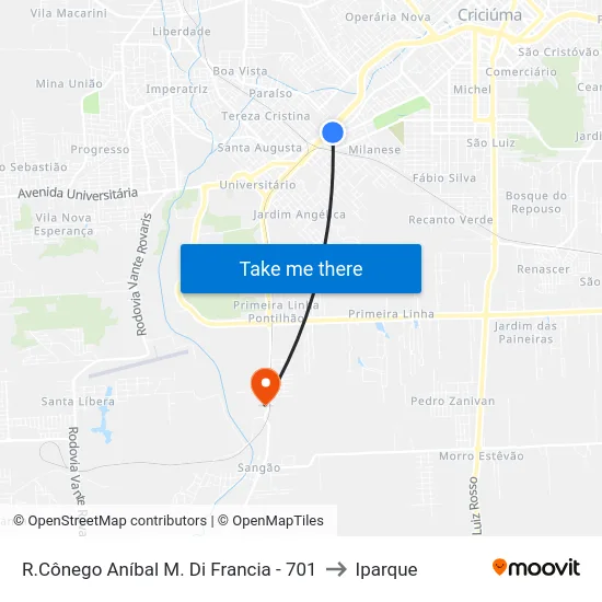 R.Cônego Aníbal M. Di Francia - 701 to Iparque map