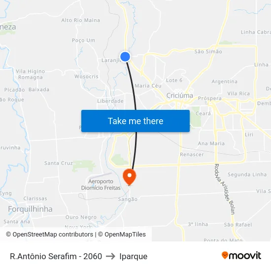 R.Antônio Serafim - 2060 to Iparque map