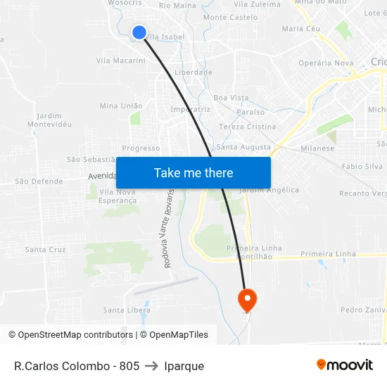 R.Carlos Colombo - 805 to Iparque map