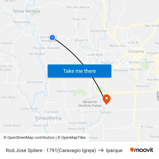Rod.José Spilere - 1791(Caravagio Igreja) to Iparque map