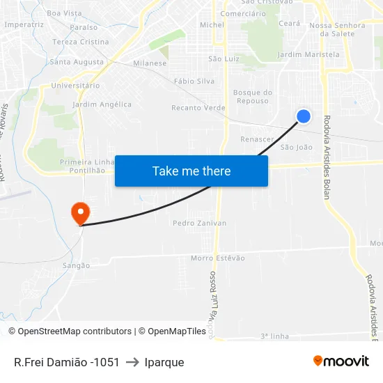 R.Frei Damião -1051 to Iparque map
