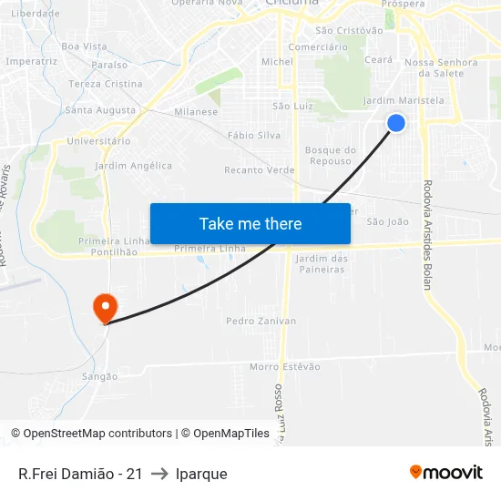 R.Frei Damião - 21 to Iparque map