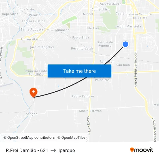 R.Frei Damião - 621 to Iparque map