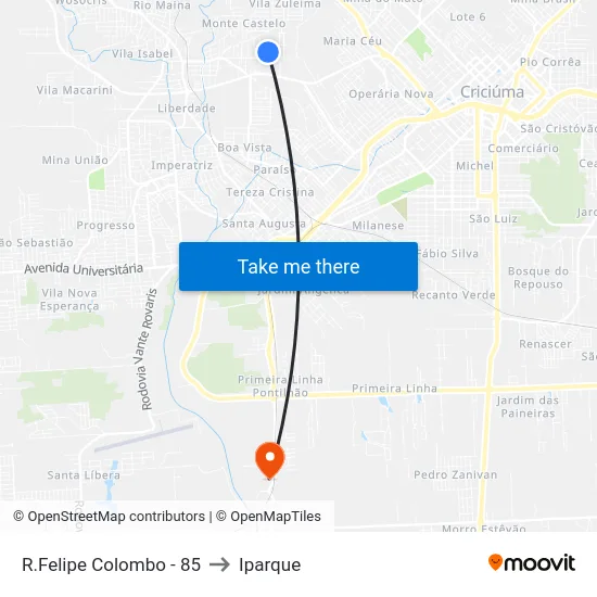 R.Felipe Colombo - 85 to Iparque map