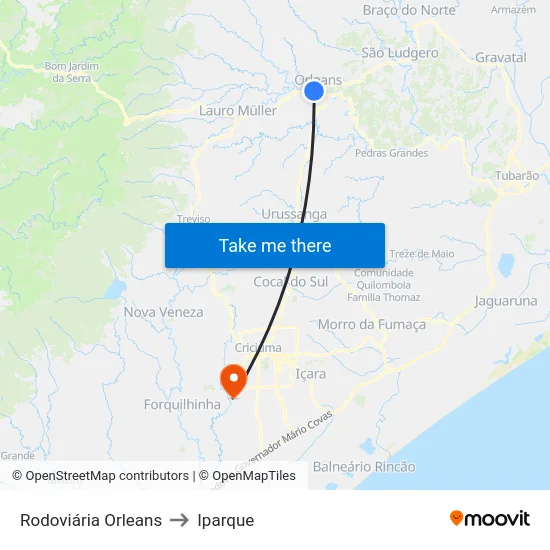 Rodoviária Orleans to Iparque map