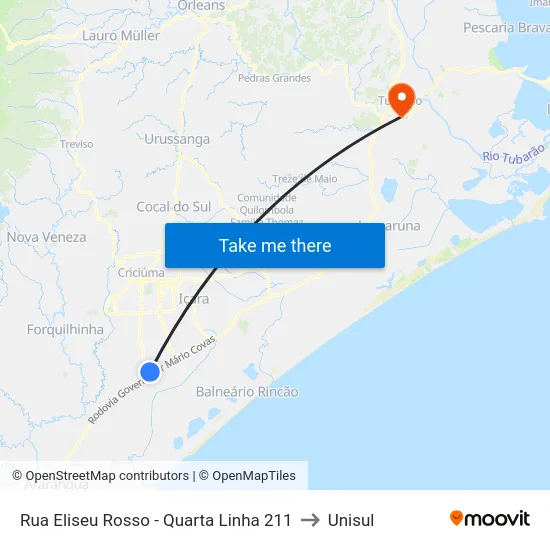 Rua Eliseu Rosso - Quarta Linha 211 to Unisul map