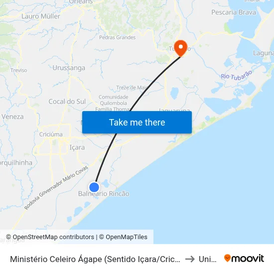 Ministério Celeiro Ágape (Sentido Içara/Criciúma) to Unisul map