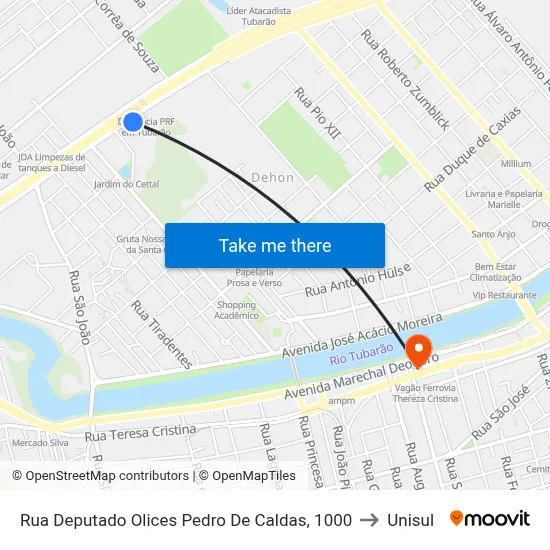Rua Deputado Olices Pedro De Caldas, 1000 to Unisul map