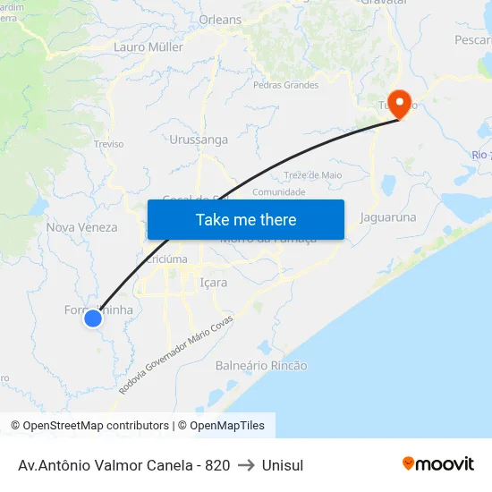 Av.Antônio Valmor Canela - 820 to Unisul map