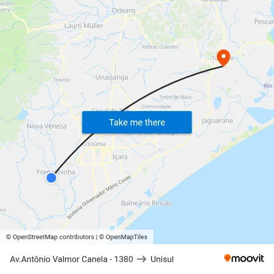Av.Antônio Valmor Canela - 1380 to Unisul map