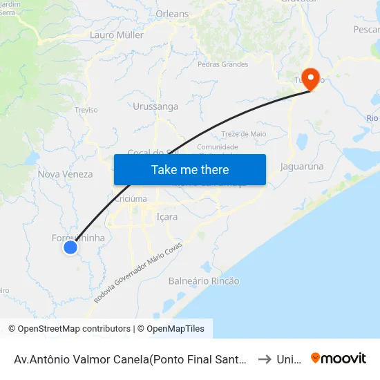 Av.Antônio Valmor Canela(Ponto Final Santa Isabel) to Unisul map