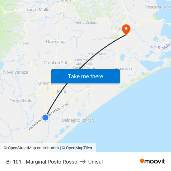 Br-101 - Marginal Posto Rosso to Unisul map
