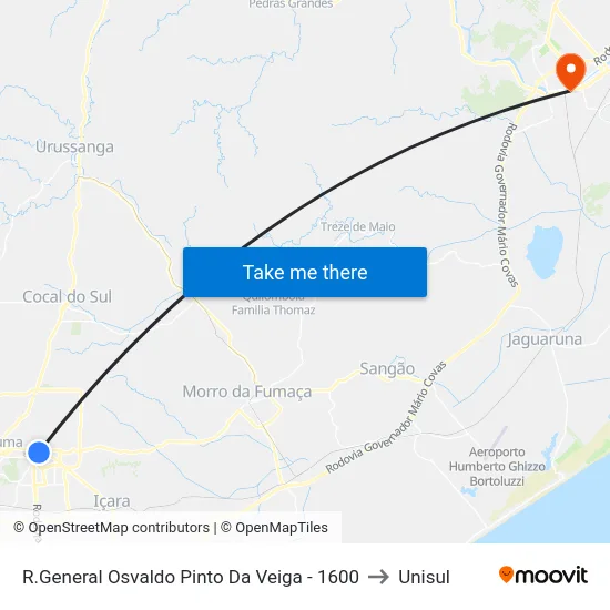 R.General Osvaldo Pinto Da Veiga - 1600 to Unisul map