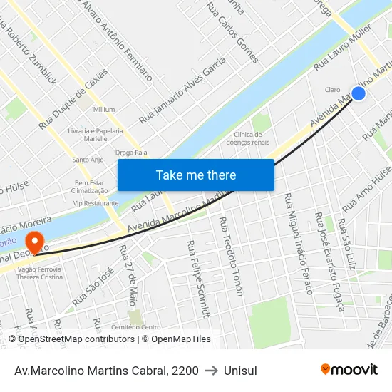 Av.Marcolino Martins Cabral, 2200 to Unisul map