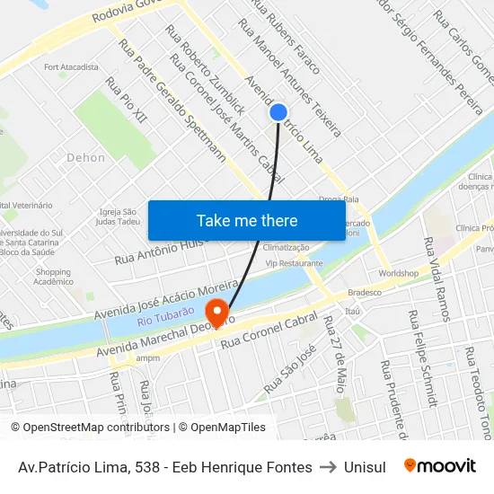 Av.Patrício Lima, 538 - Eeb Henrique Fontes to Unisul map