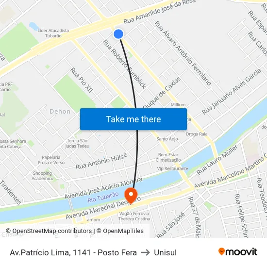 Av.Patrício Lima, 1141 - Posto Fera to Unisul map