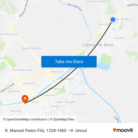 R. Manoel Pedro Flôr, 1328-1460 to Unisul map