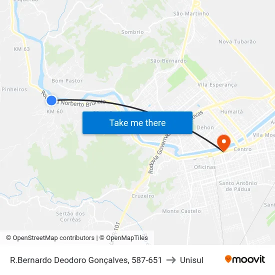 R.Bernardo Deodoro Gonçalves, 587-651 to Unisul map