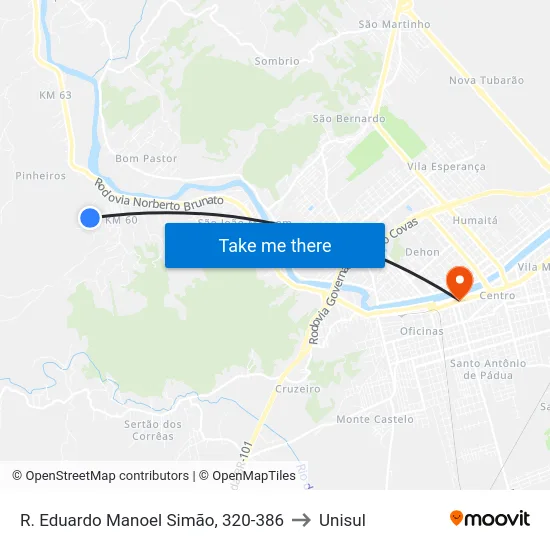 R. Eduardo Manoel Simão, 320-386 to Unisul map