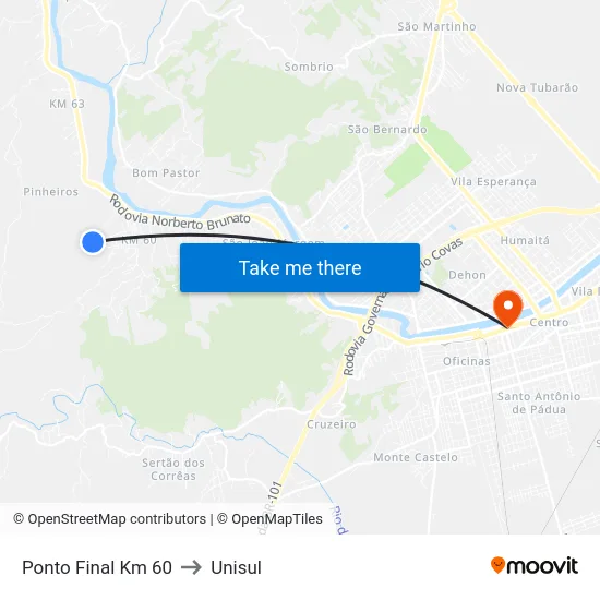 Ponto Final Km 60 to Unisul map