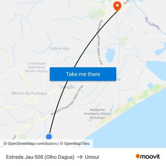 Estrada Jau-508 (Olho Dagua) to Unisul map