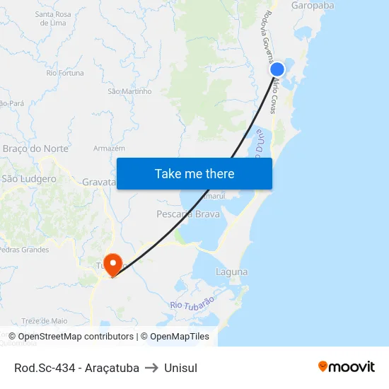 Rod.Sc-434 - Araçatuba to Unisul map