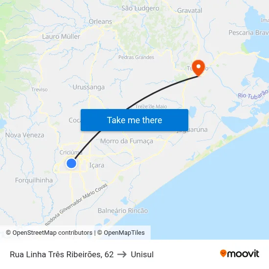 Rua Linha Três Ribeirões, 62 to Unisul map