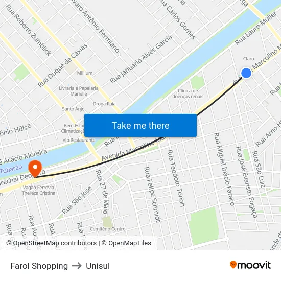 Farol Shopping to Unisul map