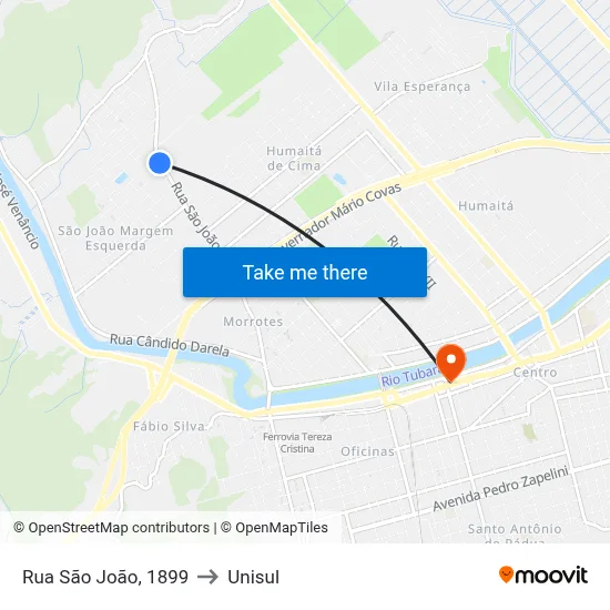 Rua São João, 1899 to Unisul map