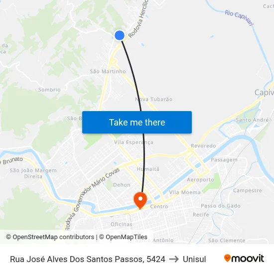 Rua José Alves Dos Santos Passos, 5424 to Unisul map