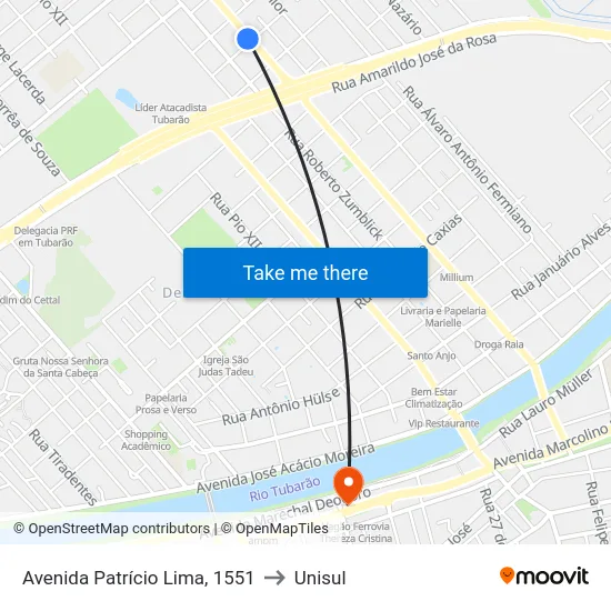 Avenida Patrício Lima, 1551 to Unisul map