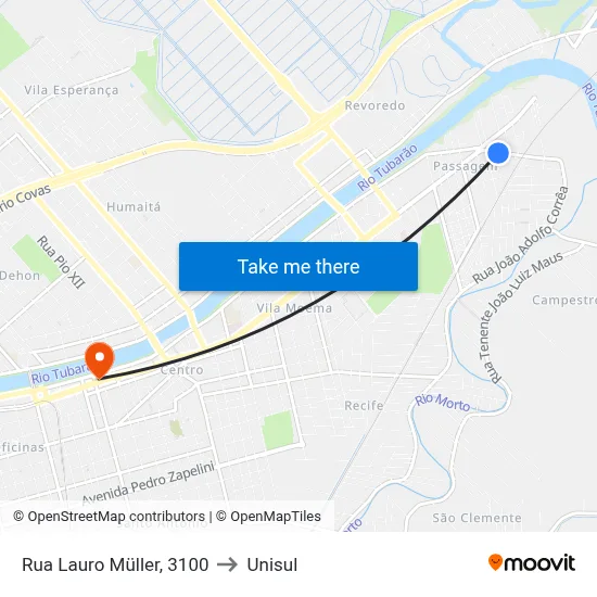 Rua Lauro Müller, 3100 to Unisul map