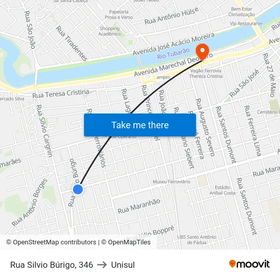 Rua Silvio Búrigo, 346 to Unisul map