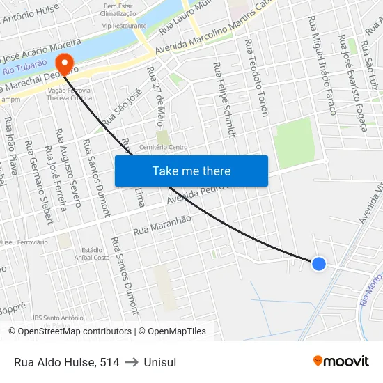 Rua Aldo Hulse, 514 to Unisul map
