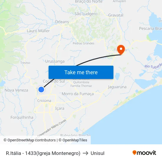 R.Itália - 1433(Igreja Montenegro) to Unisul map