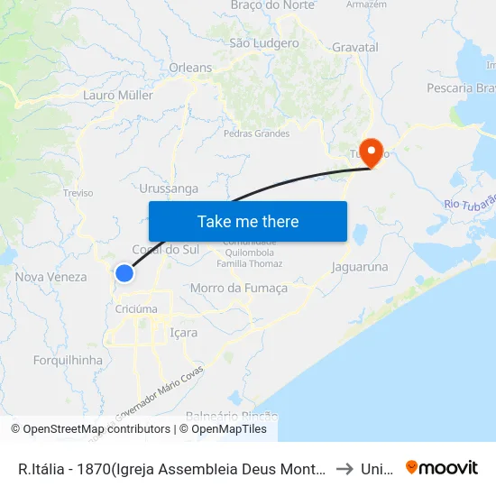 R.Itália - 1870(Igreja Assembleia Deus Montenegro) to Unisul map