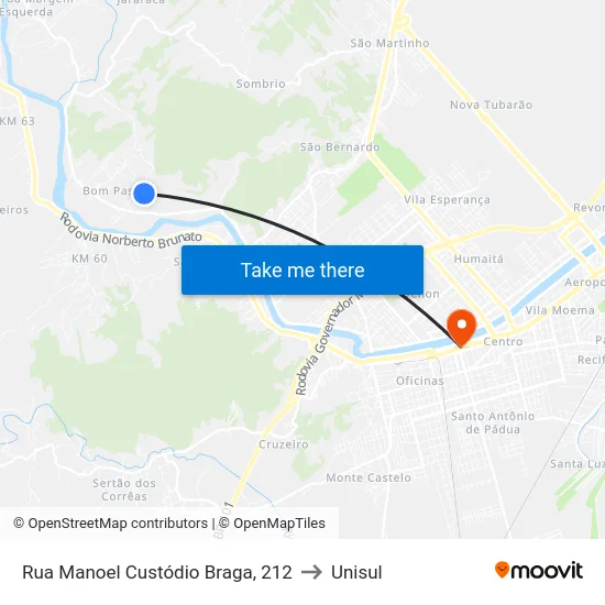 Rua Manoel Custódio Braga, 212 to Unisul map