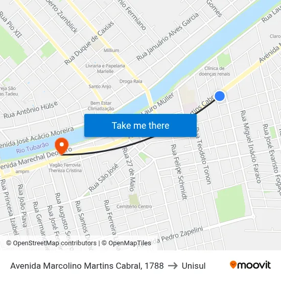 Avenida Marcolino Martins Cabral, 1788 to Unisul map